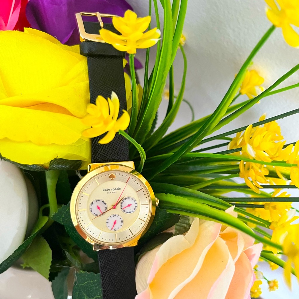 Used Kate Spade Black Leather Band w/ Gold Face & Hot Pink Hands, Analog Watch